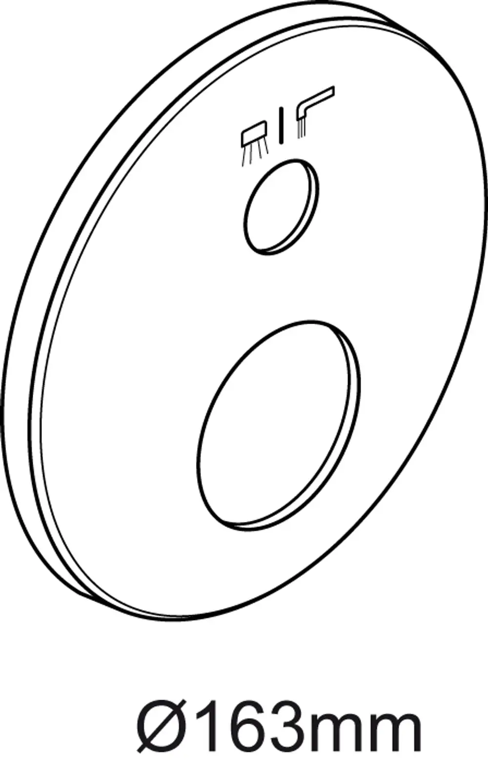 Runde Rosette von Ideal Standard mit zwei Öffnungen, dargestellt in einer technischen Zeichnung. Ø 163 mm.